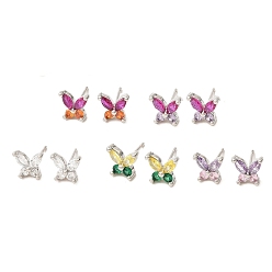 Mixed Color Butterfly Platinum Brass Stud Earrings, with Clear Cubic Zirconia, Long-Lasting Plated, Lead Free & Cadmium Free, Mixed Color, 7.5x8.5mm