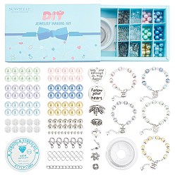 Mixed Color Ocean Pearl Bracelet DIY Making Kit, Including Glass Pearl Beads, Iron End Chains, Alloy Pendants & Beads & Bead Caps, Iron & Brass Crimp Beads, Tail Wire, Mixed Color, Pendant: 12pcs/set
