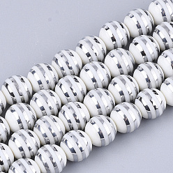 Silbern Silberfarbig Galvanisieren Glasperlen, rund mit streifen, Silbern Silberfarbig, 10x9.5 mm, Bohrung: 1.2 mm, ca. 30 Stk. / Strang, 11.2 Zoll