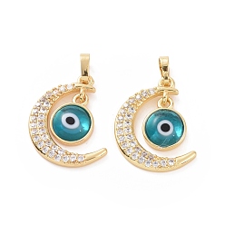 Cyan Brass Micro Pave Cubic Zirconia Pendants, with Handmade Evil Eye Lampwork, Crescent Moon Charm, Real 18K Gold Plated, Cyan, 23x16x4mm, Hole: 4x6mm