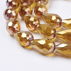 Dark Goldenrod Electroplate Glass Beads Strands, AB Color Plated, Faceted Teardrop, Dark Goldenrod, 15x10mm, Hole: 1mm, 50pcs/strand, 27.1 inch