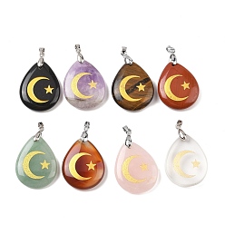 Смешанные камни Природные смешанные подвески драгоценных камней, с реечной обшивкой латунными выводами, без кадмия и без свинца, подвеска в виде капли, луны и звезды, смешанные окрашенные и неокрашенные, 31x25x5~7 мм, отверстие : 4.5x4 мм