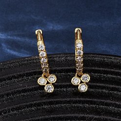 Прозрачный Серьги-кольца из латуни с микропаве из кубического циркония и изображением трех клеверов, стойки покрытие, долговечный, без кадмия и без свинца, реальный 18 k позолоченный, прозрачные, 19x6x13.5 мм