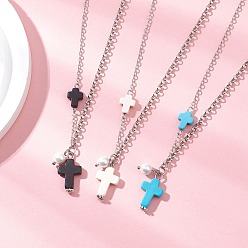 (52) Непрозрачная лаванда Женские ожерелья с подвеской в виде креста, синтетической бирюзы и круглого жемчуга-ракушки из латуни, цепочка-кабель Rolo, платина, разноцветные, 16.61 дюйм (42.2 см)