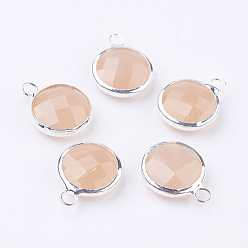 Сэнди Коричневый Серебряные плакированные латунным стеклом плоские круглые подвески, граненые, песчаный коричневый, 12x8.5x3 мм, отверстие : 1.5 мм
