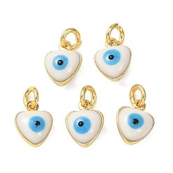 Blanco Encantos del esmalte de bronce, con anillo de salto, sin plomo y el cadmio, real 18 k chapado en oro, dije corazón con mal de ojo, blanco, 9x7x4.5 mm, agujero: 2.2 mm