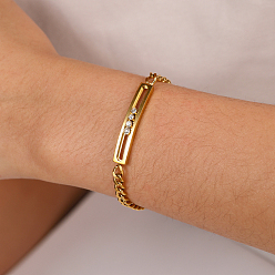 Золотой 201 из нержавеющей стали прямоугольник ссылка браслеты, браслеты с цепочками для женщин, с четким кубического циркония, золотые, 7-5/8 дюйм (19.5 см)