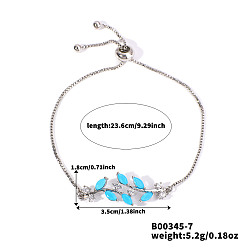 Небесно-голубой Браслеты-слайдеры из латуни с микропаве и кубическим цирконием, браслеты с подвесками в виде листьев для женщин, платина, голубой, 9-1/4 дюйм (23.6 см)