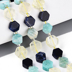 Смешанные камни Нити из натуральных бусин содалита, амазонита в форме цветка и лимонного кварца, шестиугольник, с бисером и картоном, 7.5~10x8.5~10.5x3.5~6 мм, отверстие : 0.7~1 мм, около 17~18 шт / нитка, 7.09~7.68 дюйм (18~19.5 см), 1 прядь / комплект