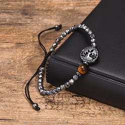 Тигровый глаз Браслеты из плетеных бусин из натурального тигрового глаза и синтетического гематита, Регулируемые браслеты из бисера с узором «Древо жизни», 6-1/4~10-1/4 дюйм (16~26 см)