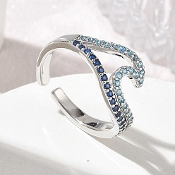 Platinum Brass Micro Pave Cubic Zirconia Cuff Open Rings, Nuggets, Platinum, 5.5mm, US Size 7 1/4(17.5mm)