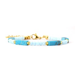 Deep Sky Blue Bohemian Dyed Synthetic Imperial Jasper Cuboid and Glass Beaded Bracelets with 304 Stainless Steel End Chains, Golden, Deep Sky Blue, 7.09 inch(18cm)