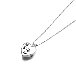 Black 316L Surgical Stainless Steel Heart with Paw Print Urn Ashes Pendant Necklace with Enamel, Memorial Jewelry for Men Women, Black, 17.72 inch(45cm)
