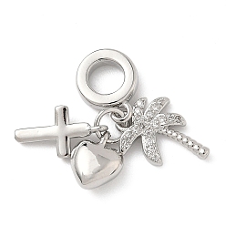 Дерево Латунь микропаве прозрачный кубический цирконий европейские подвески с подвесками, подвески в форме сердца с большим отверстием, платина, дерево, 25.5 мм, Дерево: 13.5x10.5x2.3 мм