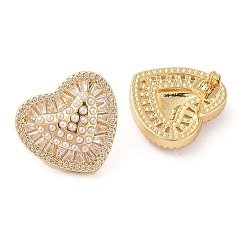 Real 18K Gold Plated Rack Plating Brass Micro Pave Clear Cubic Zirconia Stud Earring for Women, with Plastic Pearl, Cadmium Free & Lead Free, Long-Lasting Plated, Heart, Real 18K Gold Plated, 18x20mm