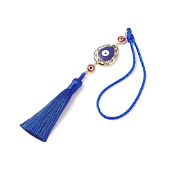 Schamottestein CCB-Plastiktropfen-Anhängerdekorationen, mit Messing-Emaille-Evil-Eye-Link, Polyester-Troddel, Nylon-Seil, für Damentaschen, auto innendekoration, feuerstein & blau, 269 mm