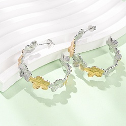 Golden & Stainless Steel Color 304 Stainless Steel Stud Earrings for Women, Flower, Half Hoop Earrings, Ion Plating(IP), Golden & Stainless Steel Color, 11.5x34mm