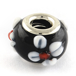 Черный Rondelle Lampwork большого отверстия европейские шарики, с латунными ярдами серебянного цвета , чёрные, 15x10 мм, отверстие : 5 мм
