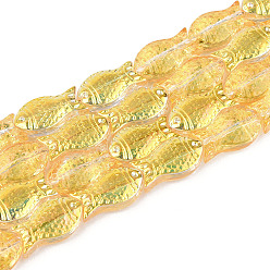 Золотистый Прозрачность гальванизированные стеклянные бусины нити, рыба, с покрытием AB цвета, золотые, 15x8.1x5 мм, отверстие : 0.9~1 мм, около 55 шт / нитка, 25.59'' (65 см)