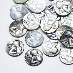 Noir Lèvres noir cabochons shell, plat rond avec cupidon / chérubin / ange sculpté, noir, 16x2.5mm