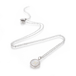 Letter N Brass Initial Pendant Necklaces, with Shell, Cubic Zirconia and 304 Stainless Steel Cable Chains, Flat Round with Letter, Letter.N, 17.5 inch(44.5cm), 1.5mm