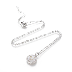 Letter U Brass Initial Pendant Necklaces, with Shell, Cubic Zirconia and 304 Stainless Steel Cable Chains, Flat Round with Letter, Letter.U, 17.5 inch(44.5cm), 1.5mm