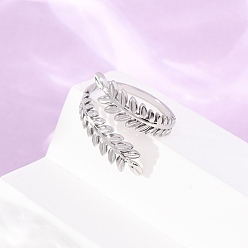 Stainless Steel Color 304 Stainless Steel Cuff Open Rings for Women, Leaf, Stainless Steel Color, 17mm