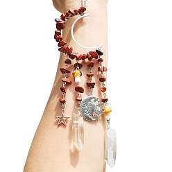 Красный Камень Обернутая проволокой натуральная стружка красной яшмы и металлические подвесные украшения в форме луны, Ловец солнца с грибами и стеклянной кисточкой для украшения оконного сада, 250 мм