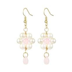 Розовый Серьга с жемчугом и стеклянной подвеской, цветок и слеза, для женщин, туманная роза, 60x20 мм