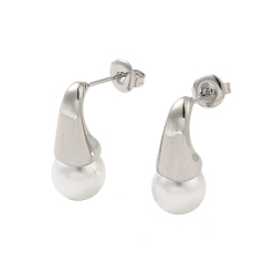 Нержавеющая Сталь Цвет 304 круглые серьги-гвоздики из нержавеющей стали с жемчугом для женщин, цвет нержавеющей стали, 22x9.5 мм