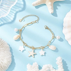 Льняное Полотно Браслеты с подвесками из натуральных пресноводных ракушек и эмалевой сплава, браслеты-цепочки из латуни для скрепок для женщин, морская звезда и звезда, белье, 7-1/4 дюйм (18.5 см)