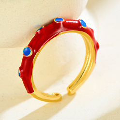 Red Brass Enamel Cuff Open Rings for Women, Golden, Red, 15~20mm