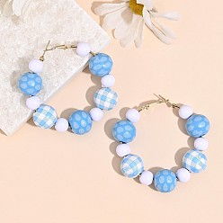 Светло-Голубой Браслеты из дерева и железных бусин с принтом для женщин, круглая с яйцом, Небесно-голубой, внутренний диаметр: 2.60~2.68 дюйм (6.6~6.8 см)