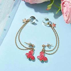 Indian Red Light Gold 304 Stainless Steel Cuff Earring Chains, Star & Butterfly Alloy Enamel Dangle Stud Earrings Crawler Earrings, Indian Red, 77mm