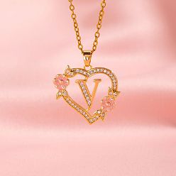Letter V Латунные кристаллы горный хрусталь полые розы сердце с подвеской в виде буквы для женщин, с розовым эмали, золотые, Буква V, 19.69 дюйм (50 см)