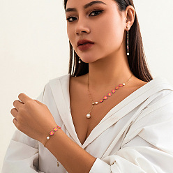 Цветок Ожерелье с подвеской из латуни, эмали и пластикового жемчуга, серьги-гвоздики и браслет-цепочка, цветок, 400 мм