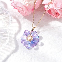 Средний Фиолетовый Стекло ожерелья шкентеля, с бусинами из ракушек и 304 цепочкой из нержавеющей стали, ожерелье для женщин, цветок, средне фиолетовый, 17.68 дюйм (44.9 см)