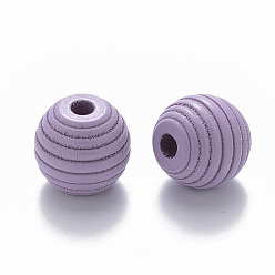 Lilac Painted Natural Wood Beehive European Beads, Large Hole Beads, Round, Lilac, 18x17mm, Hole: 4.5mm