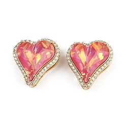 Бледно-фиолетовый Красный Кулоны из латуни с прозрачным фианитом, сердце прелести, со стеклом, стойки покрытие, реальный 18 k позолоченный, без свинца и без кадмия, долговечный, бледно-фиолетовый красный, 15x14.5x9 мм, отверстия : 3~4x2 mm и 7x2 мм