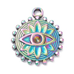 Rainbow Color PVD Vacuum Plating 304 Stainless Steel Pendant Rhinestone Cabochons, Flat Round with Eye, Rainbow Color, 21x18x2.5mm, Hole: 2mm, Fit for 2.3mm Rhinestone