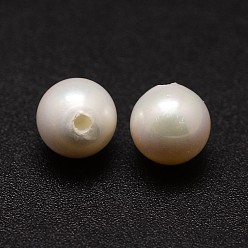 White Shell Pearl Beads, Round, Grade A, Half Drilled, White, 9mm, Hole: 1mm