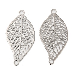 Platinum Rack Plating Brass Connector Charms, Etched Metal Embellishments, Long-Lasting Plated, Leaf Links, Platinum, 28.5x14.5x0.3mm, Hole: 1.8mm