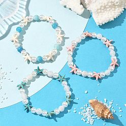(52) Непрозрачная лаванда 3шт. окрашенный натуральный выветренный агат и окрашенная синтетическая бирюза и АБС-пластиковые жемчужные бусины эластичные браслеты для женщин, морская звезда, разноцветные, внутренний диаметр: 2-1/8 дюйм (5.5 см)