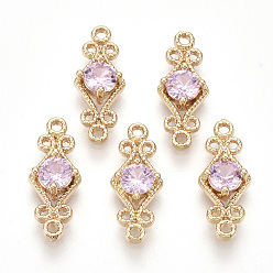 Бледно-Розовый Золотистые соединители из латуни, без никеля , со стеклом, ромб, розовый жемчуг, 16x6.5x3.5 мм, отверстие : 1 мм