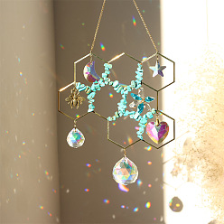 Синтетическая Бирюза Подвеска из синтетической бирюзы, сотовые подвесные ловцы солнца, украшение дома, с латунной фурнитурой и стеклянным круглым шармом, золотые, 200x140 мм