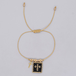 Черный Браслеты в богемном стиле из стеклянных бусин и подвесок из нержавеющей стали, плетеные браслеты из латунных бусин для женщин, прямоугольник с крестом, чёрные, 304 дюйм (7.87 см)