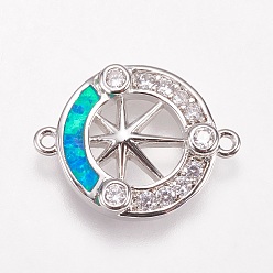 Blue Brass Micro Pave Cubic Zirconia Links, with Synthetic Opal, Flat Round with Star, Platinum, Blue, 13.5x17.5x2.5mm, Hole: 1mm