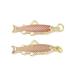 Red Brass Enamel Pendants, Fish Charms, Cadmium Free & Lead Free, Rack Plating, Long-Lasting Plated, Real 18K Gold Plated, Red, 29.5x10.5x3.5mm, Hole: 3.5mm