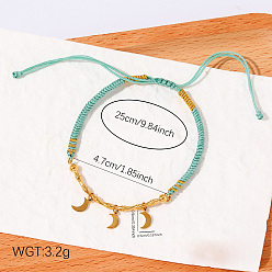 Lune Bracelet bohème ajustable avec breloque en acier inoxydable et cordon en coton tressé, or, turquoise, lune, 304 pouce (9.84 cm)