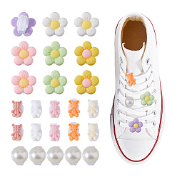 Couleur Mélangete 30pcs clips de boucle de chaussure en résine et perles acryliques, avec des clips en plastique, demi-rond et ours et fleur, couleur mixte, 16~17mm